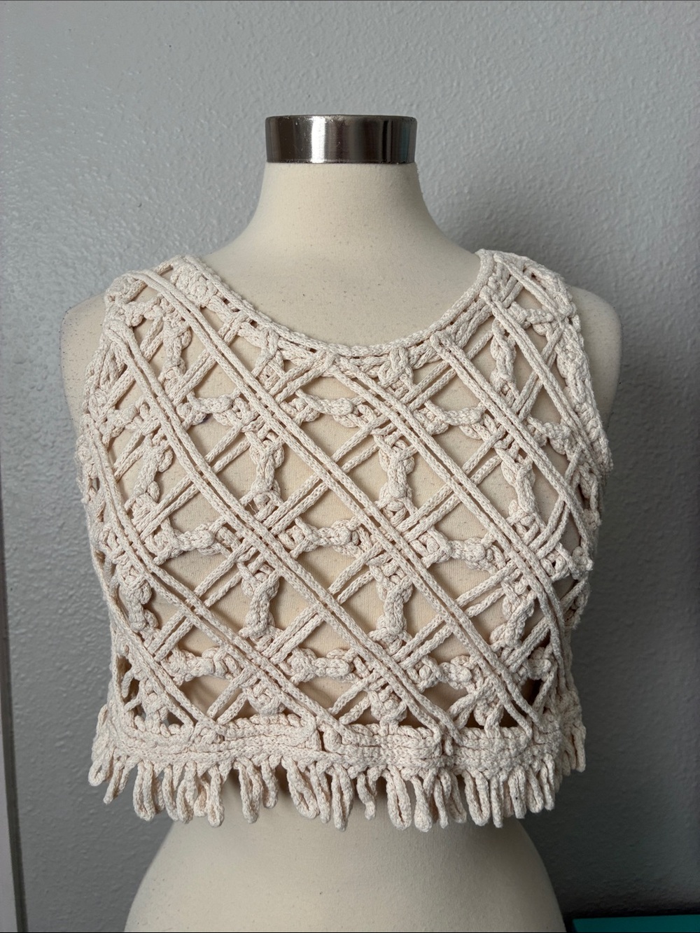 Crochet Fringe Crop Top Shirt Ivory Cream Bohemian Festival Medium? DKNY?